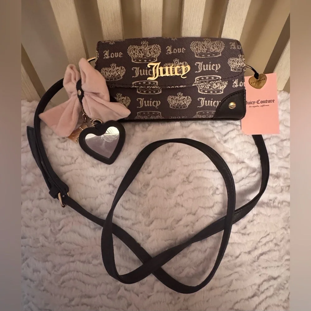 Juicy Couture Brown Logo Crossbody with Pink Bow and Heart Charm
